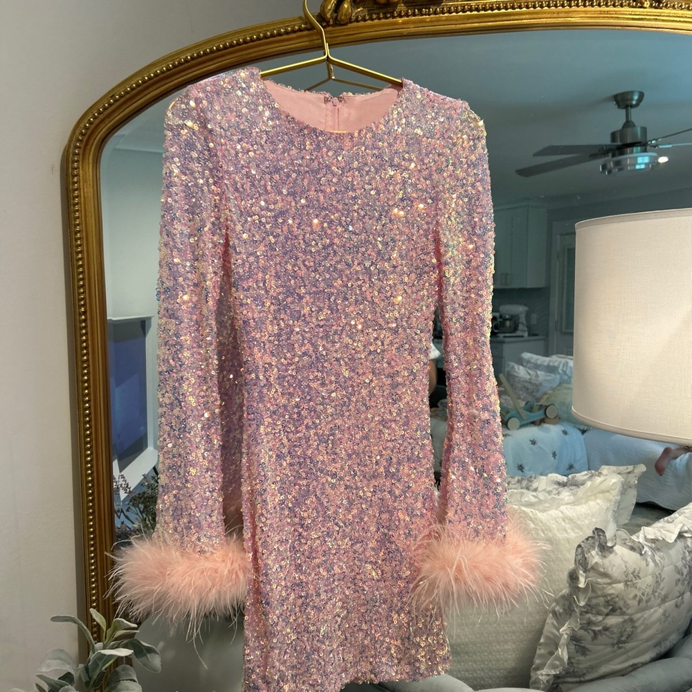 Pink Sequin Dress with Feather Cuffs